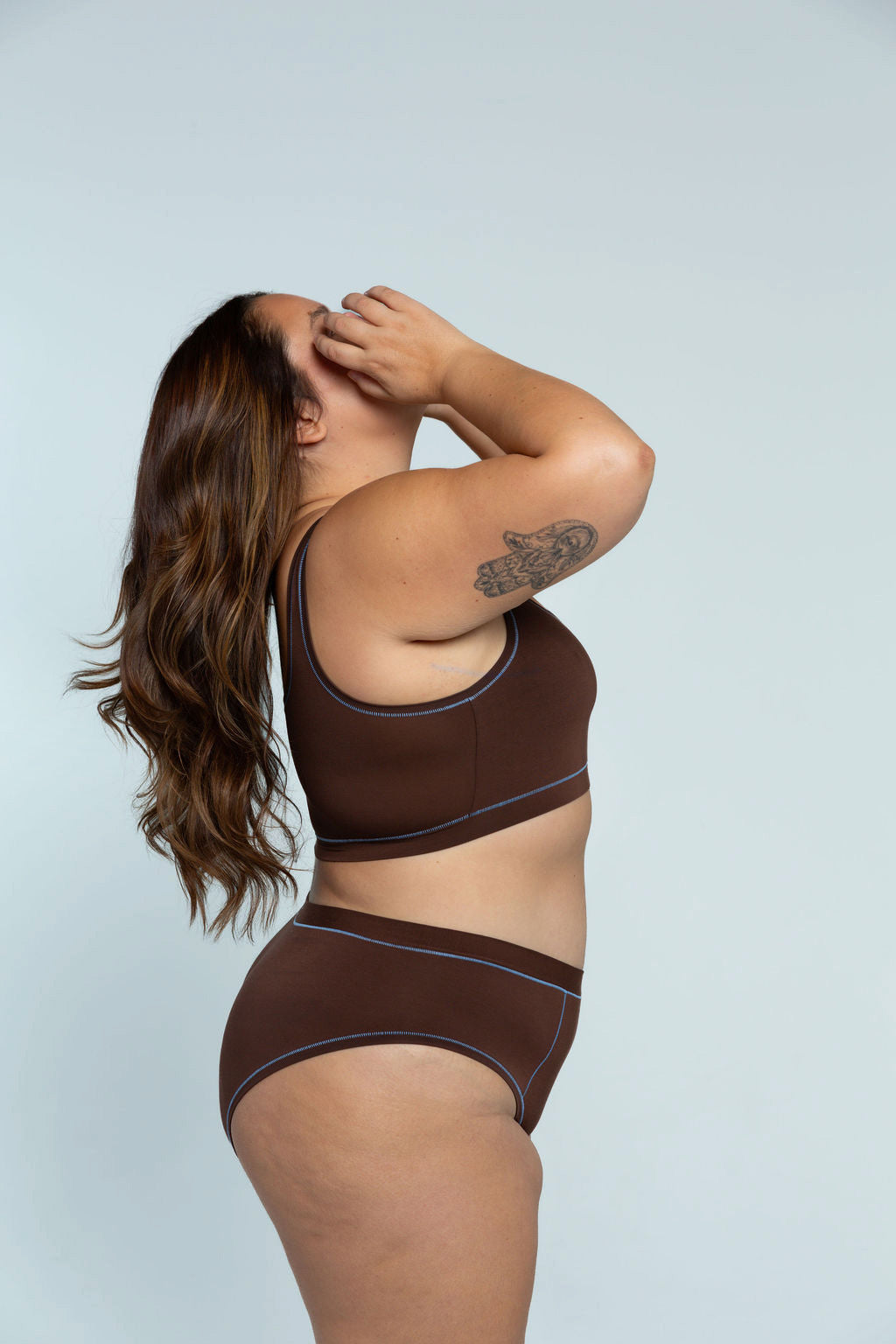 Brown / Sky Blue | Model is wearing size 2XL