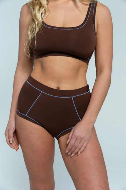 Brown / Sky Blue | Model is wearing size M