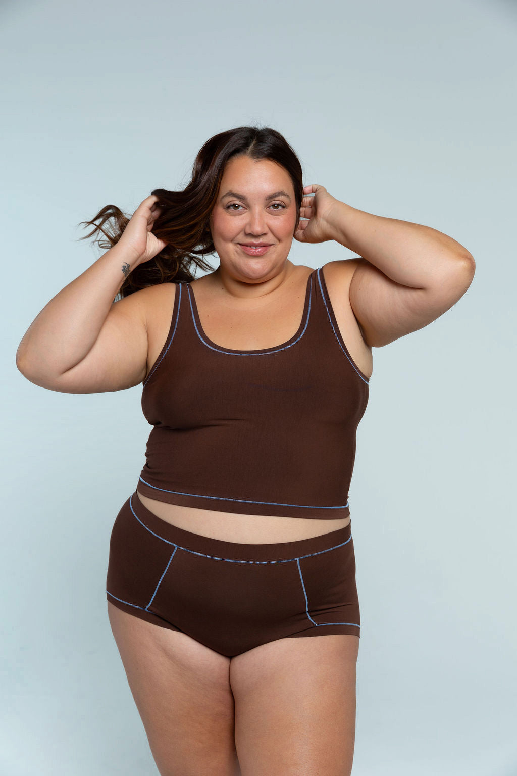 Brown / Sky Blue | Model is wearing size 2XL