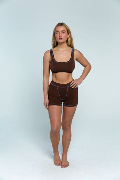 Brown / Sky Blue | Model is wearing size M