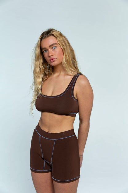 Brown / Sky Blue | Model is wearing size M