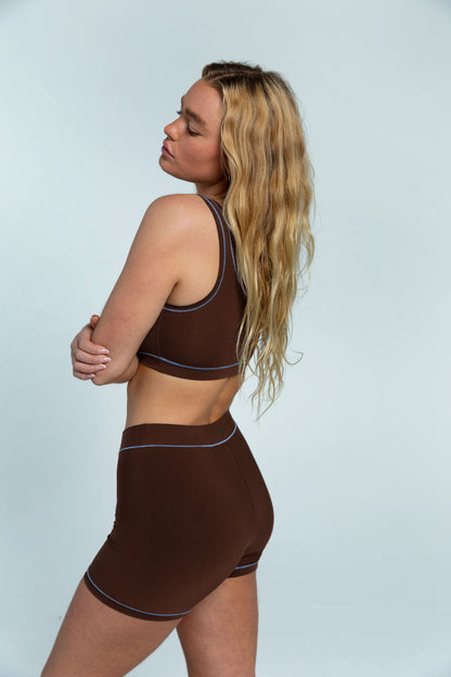 Brown / Sky Blue | Model is wearing size M