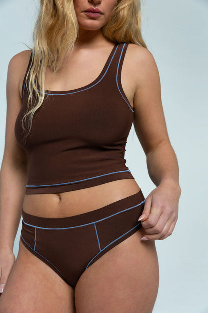 Brown / Sky Blue | Model is wearing size M