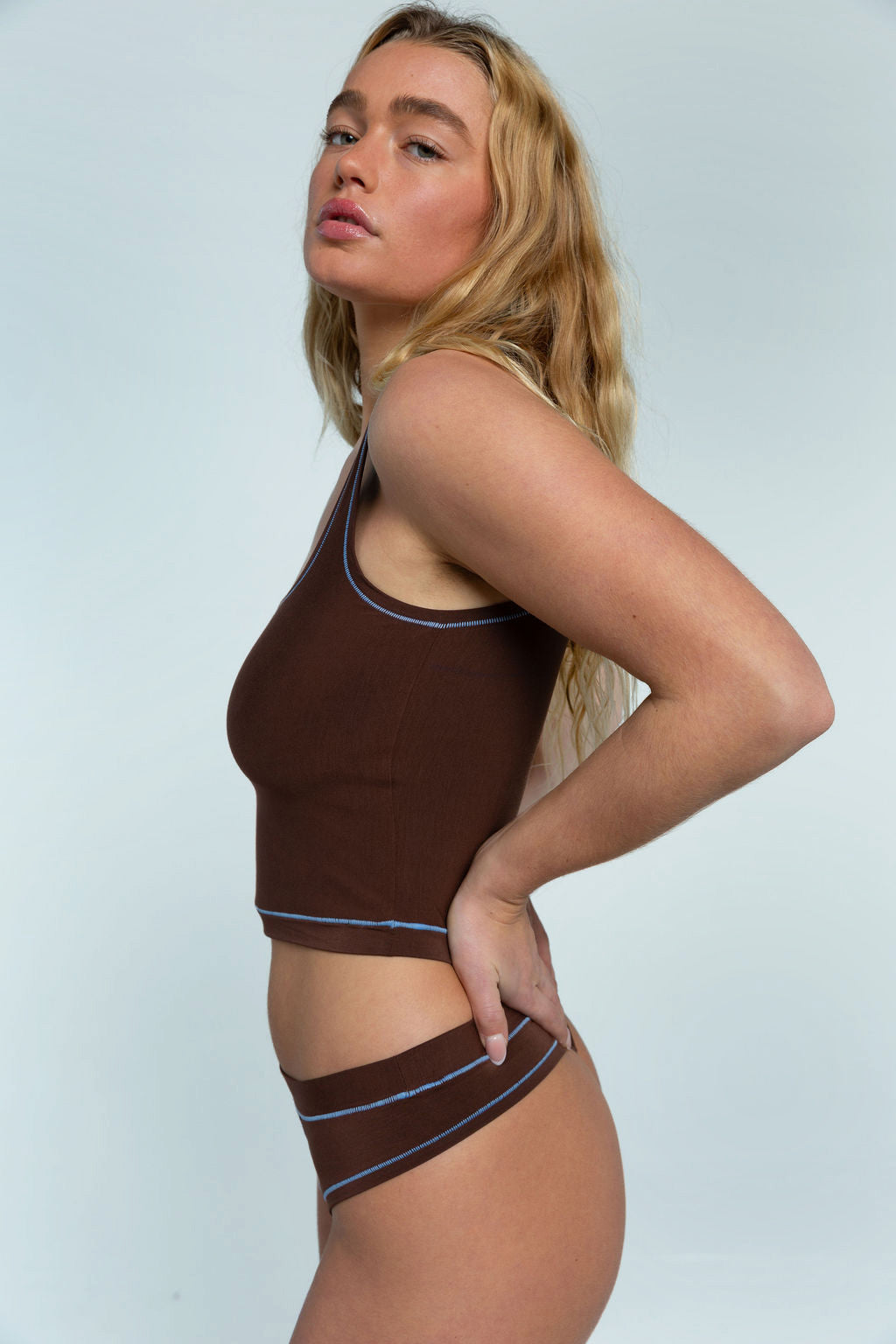 Brown / Sky Blue | Model is wearing size M