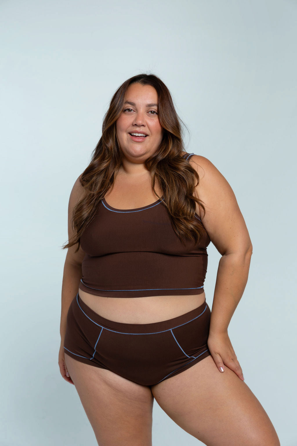 Brown / Sky Blue | Model is wearing size 2XL