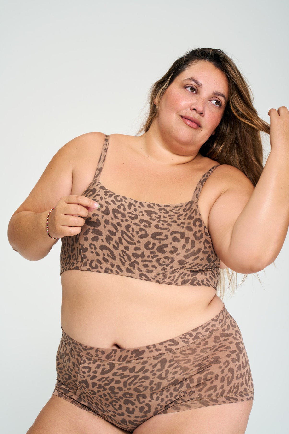 Leopard Tan | Model is wearing size XL bra & 2XL undie