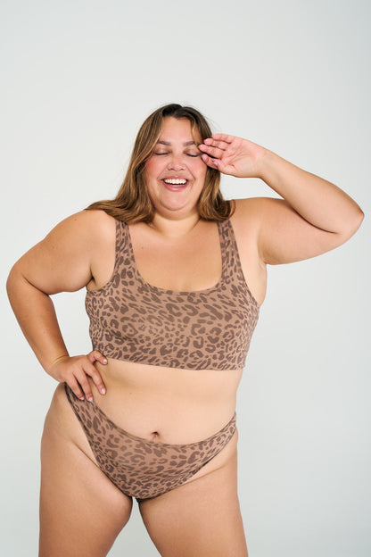 Leopard Tan | Model is wearing size XL bra & 2XL undie