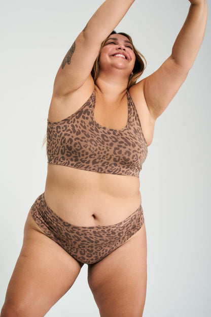 Leopard Tan | Model is wearing size XL bra & 2XL undie