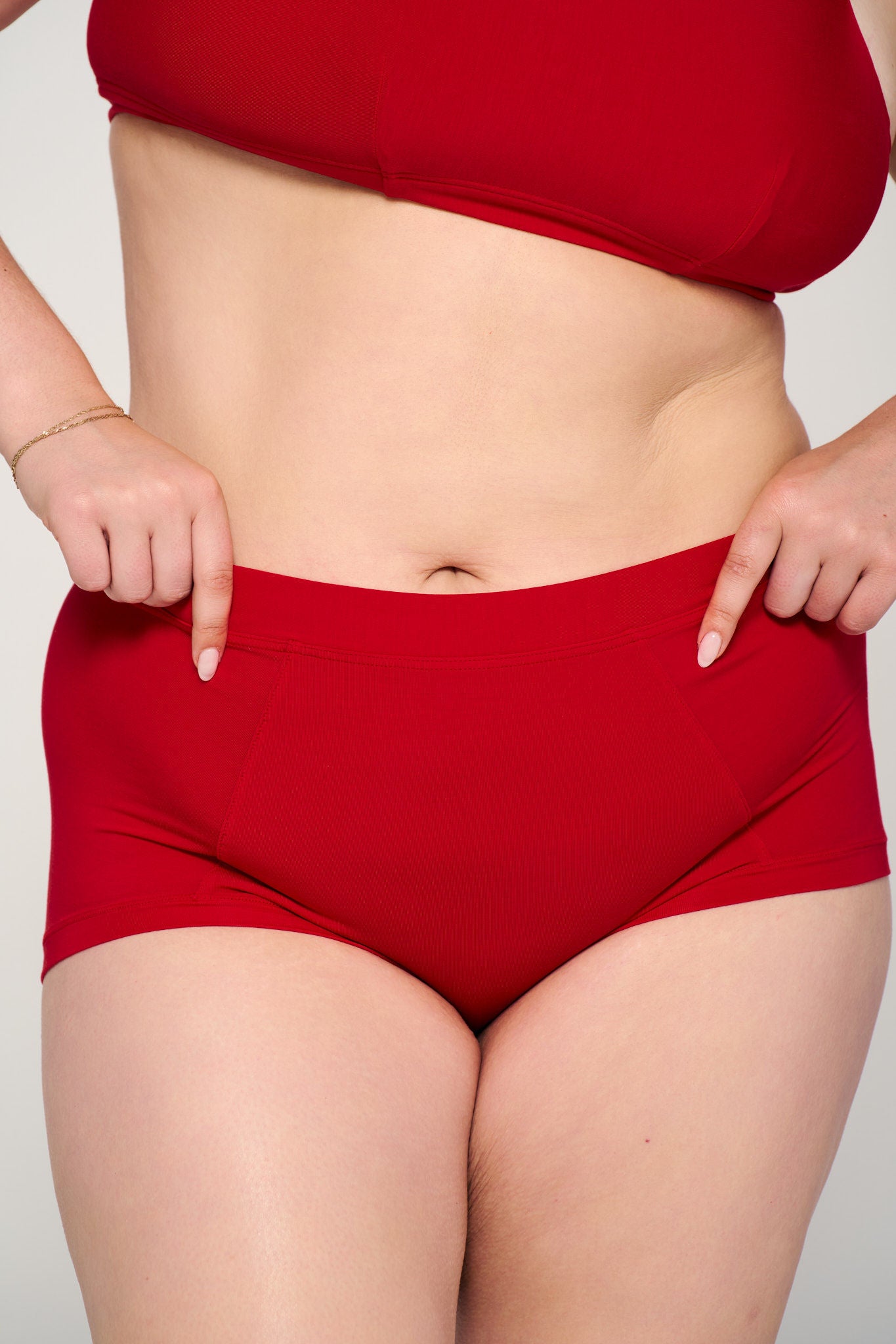 Power Play Red | Model is wearing size XL undie & XL bra