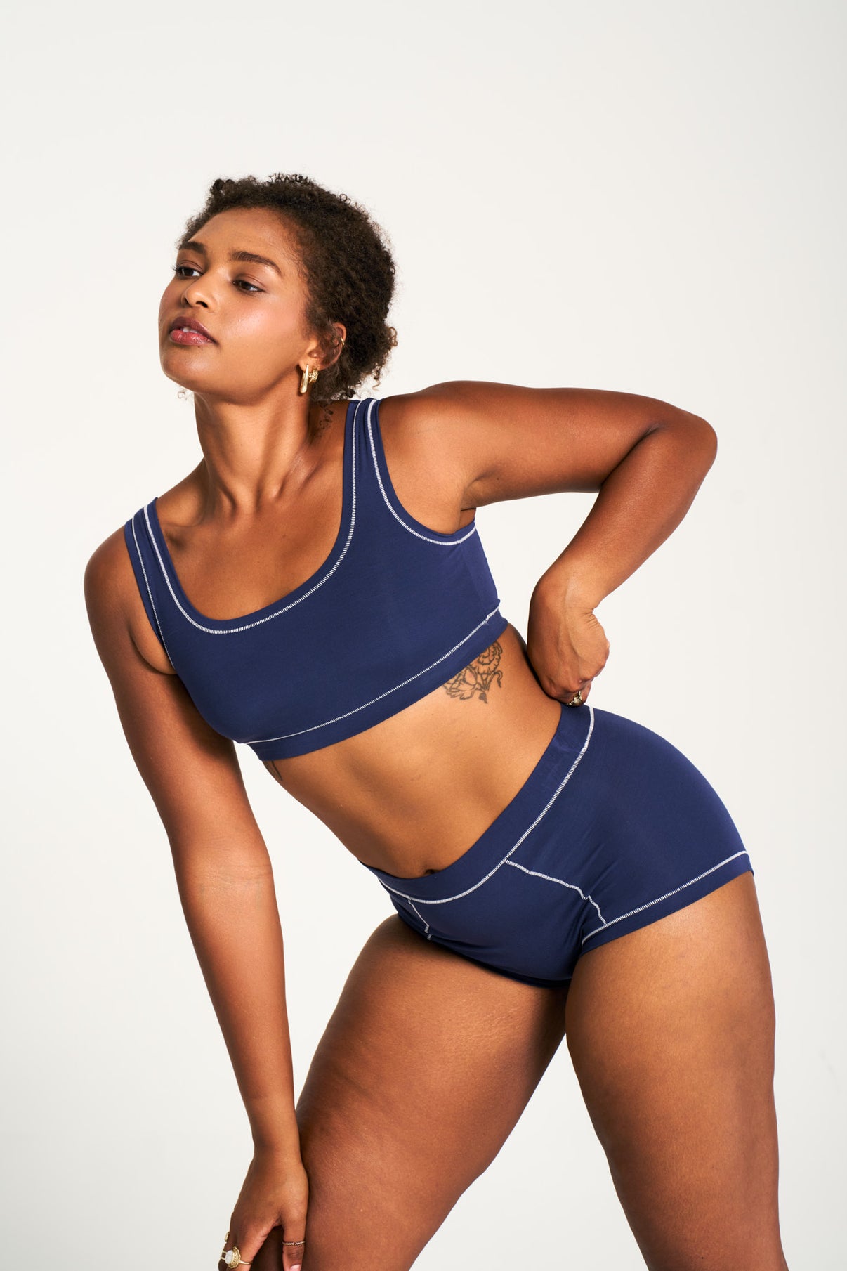 Navy / White | Model is wearing size L undie & M bra