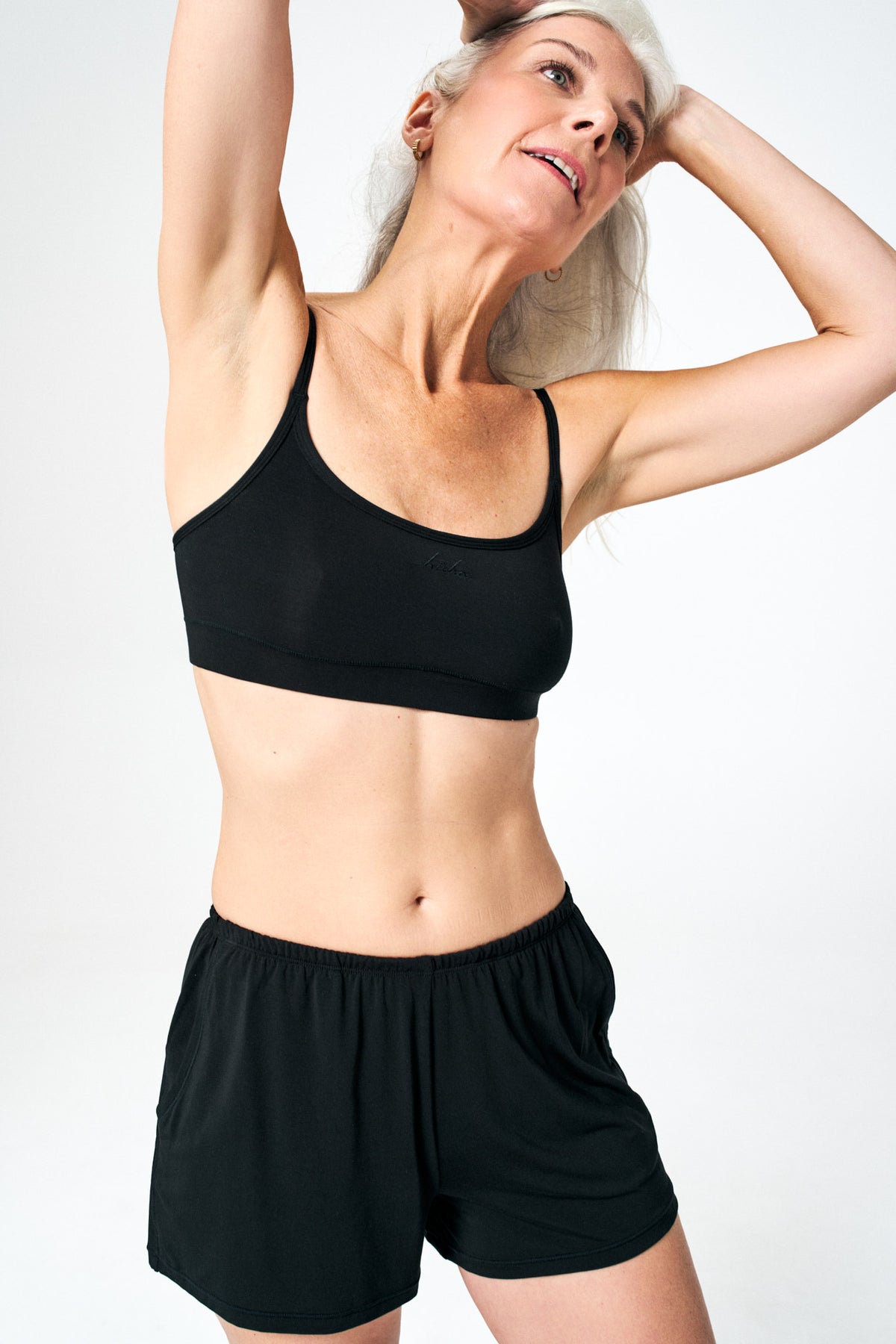 Black | Model is size XS top, S bottom and 5’8”.